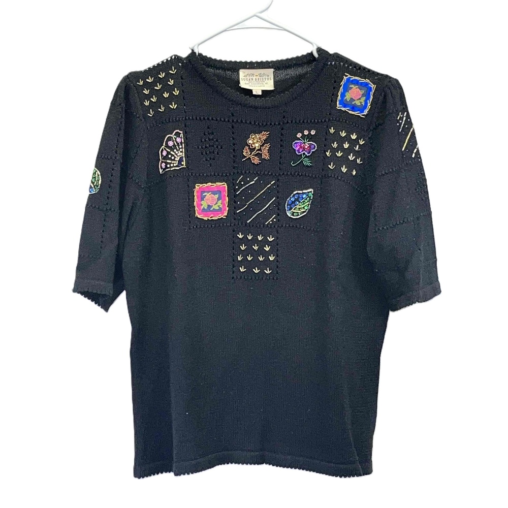 Susan Bristol Vintage 1991 Womens Hand Embroidered Sweater Black‎ Large